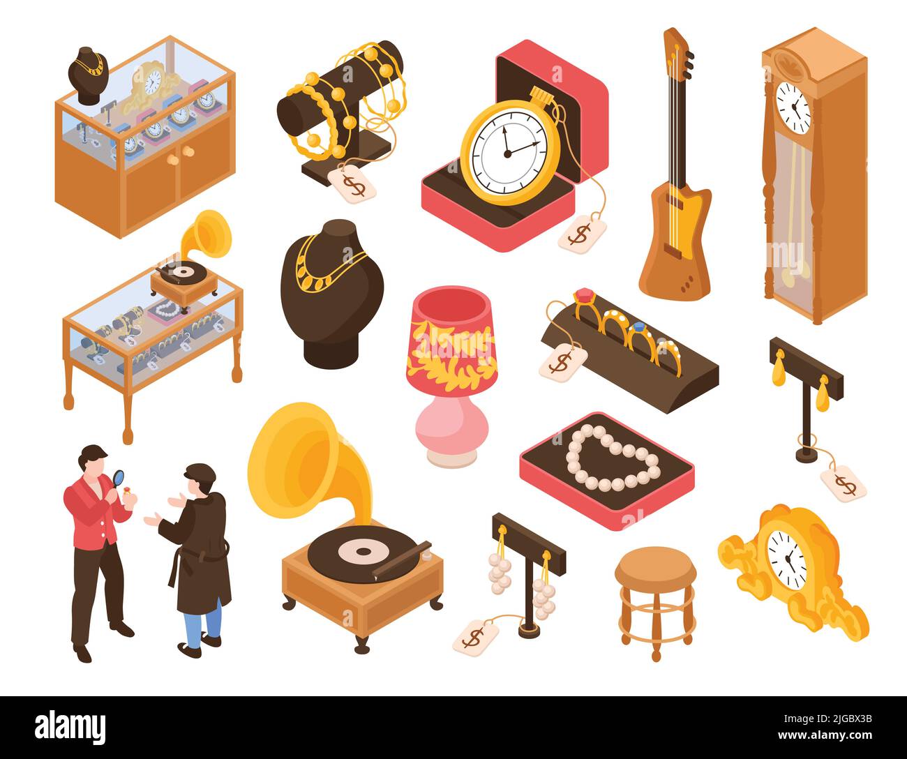 Pfand Shop isometrische Farbsatz von wertvollen persönlichen Dingen Schmuck und Antiquitäten auf weißem Hintergrund Vektor-Illustration isoliert Stock Vektor