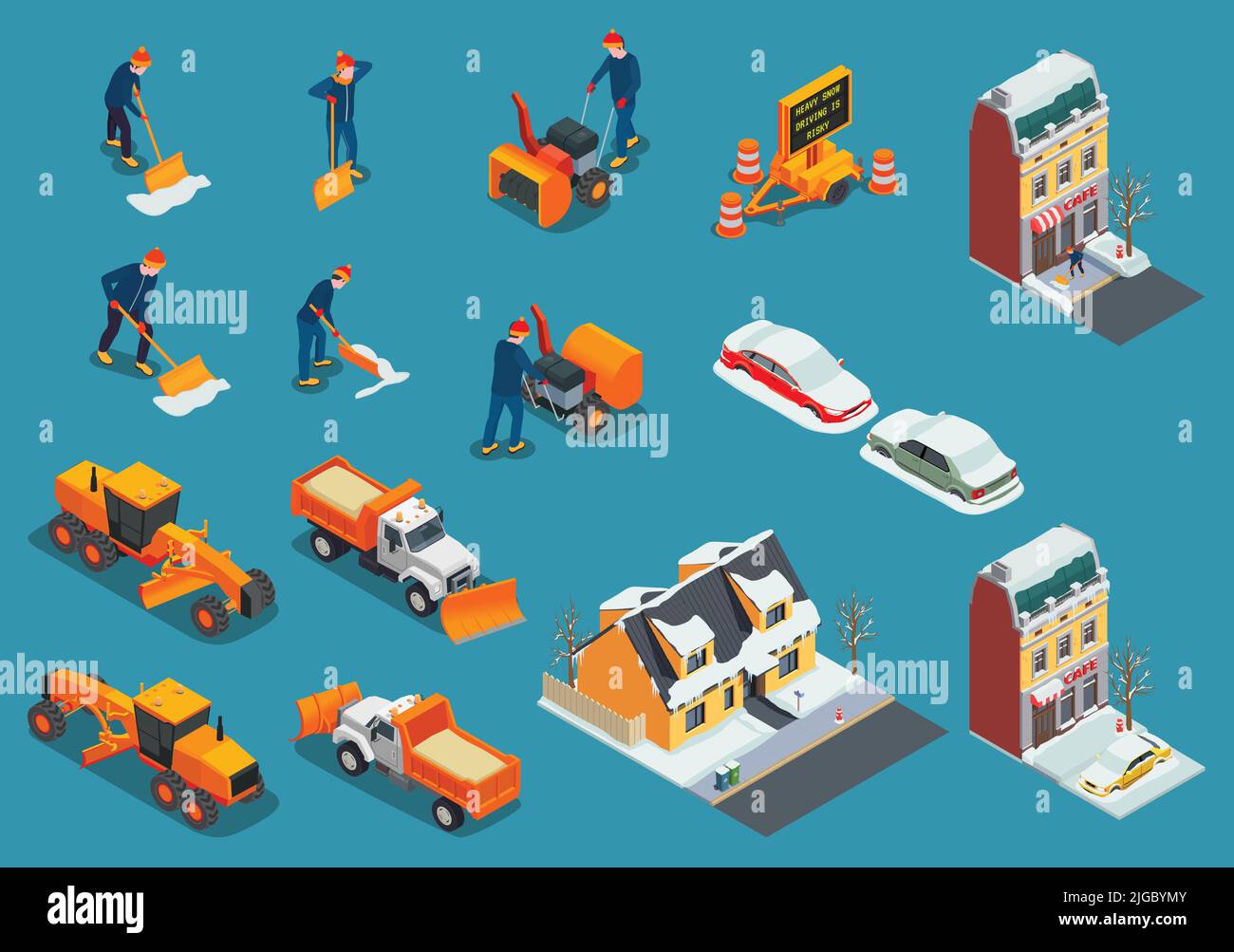 Schneereinigung Entfernung Maschinen isometrische Set mit isolierten Haus Icons Autos LKW und Bulldozer mit Arbeiter Vektor Illustration Stock Vektor