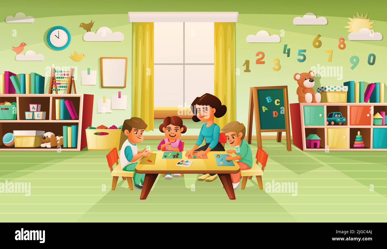 Interieur des Kinderzimmers in der Vorschule mit Kindergärtner und