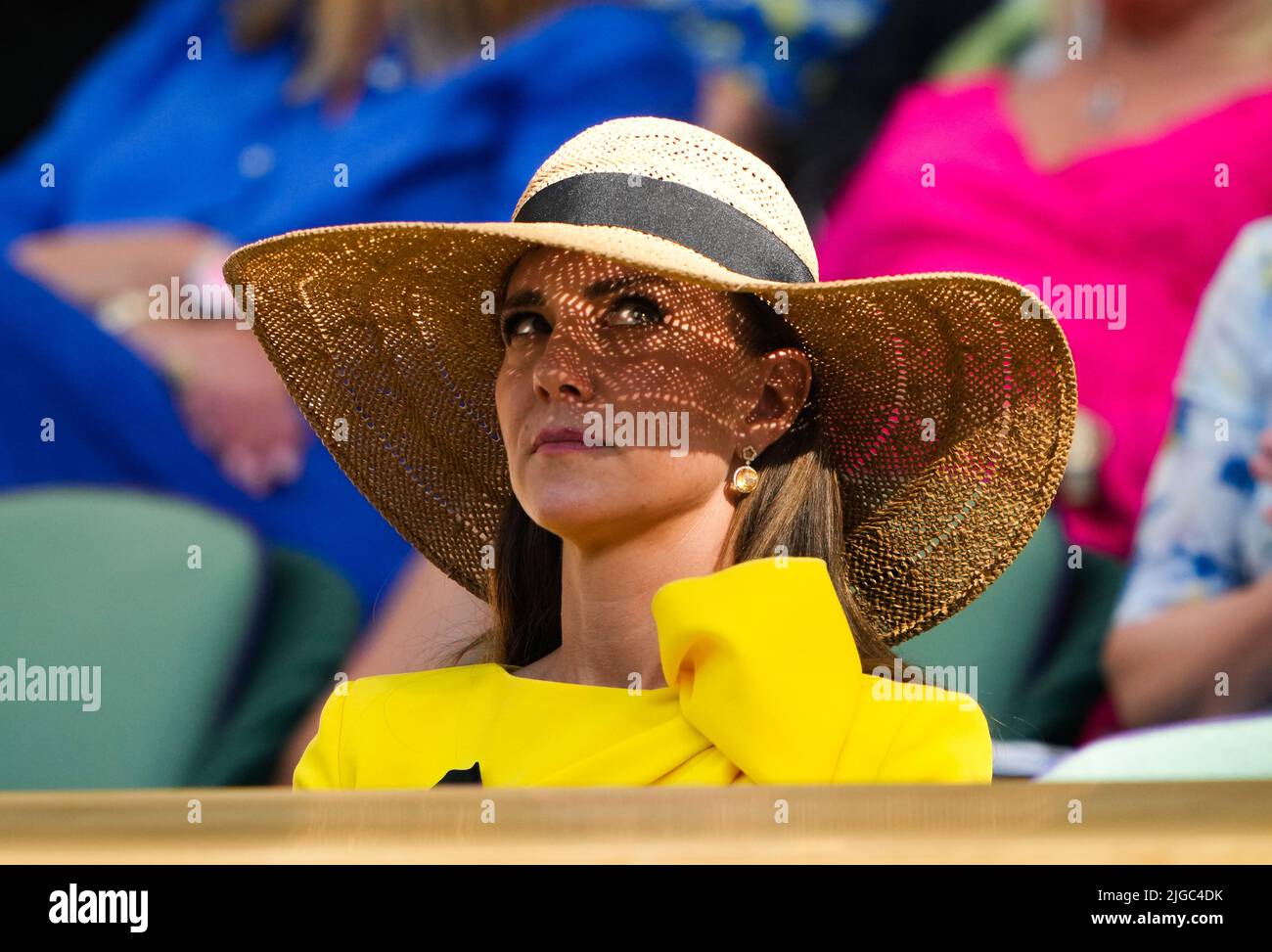 Die Herzogin von Cambridge in der Royal Box am 13. Tag der Wimbledon Championships 2022 beim All England Lawn Tennis and Croquet Club, Wimbledon. Bilddatum: Samstag, 9. Juli 2022. Stockfoto