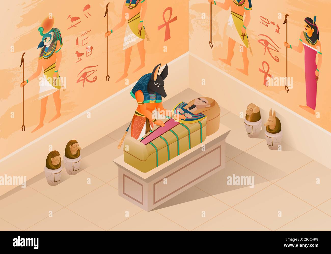 Ägypten isometrische Zusammensetzung demonstriert Mumifizierung Prozess mit anubis und pharao Sarkophag an Geschichte Wandmalerei Hintergrund Vektor illustrat Stock Vektor