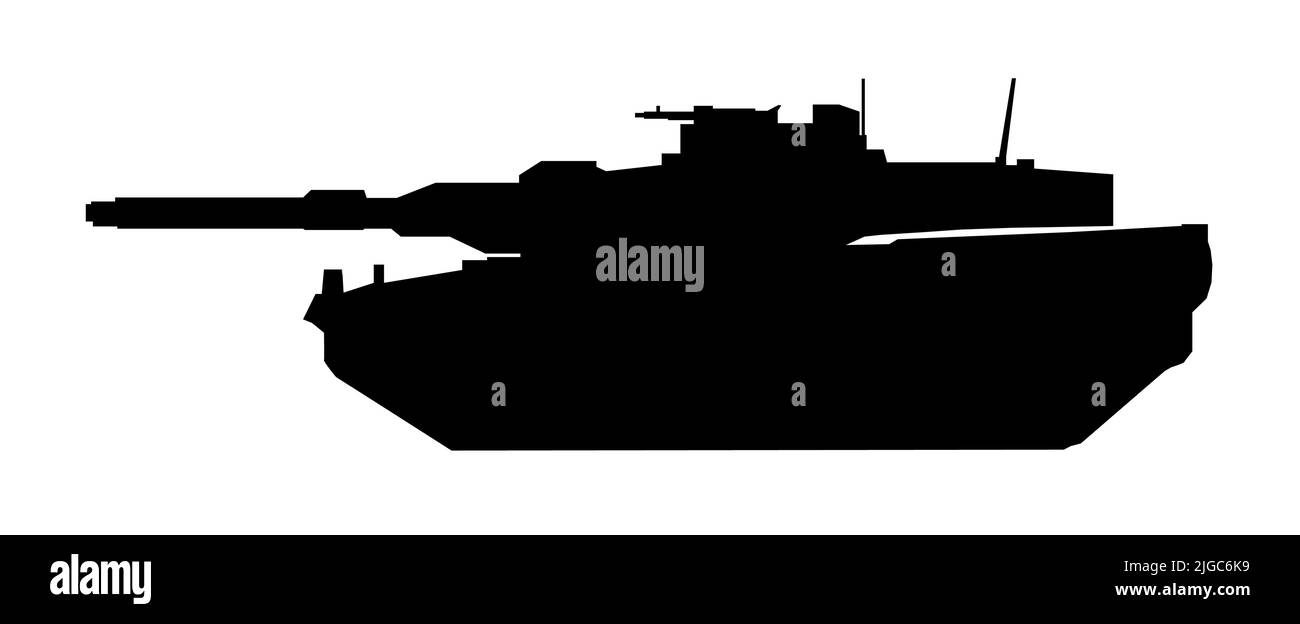 Silhouette des Tanks. Leopard, 2A5, 1990, Deutschland. Schwarz militärische Schlacht Maschine Vektor-Symbol auf weißem Hintergrund, moderne Armee Transport. Stock Vektor