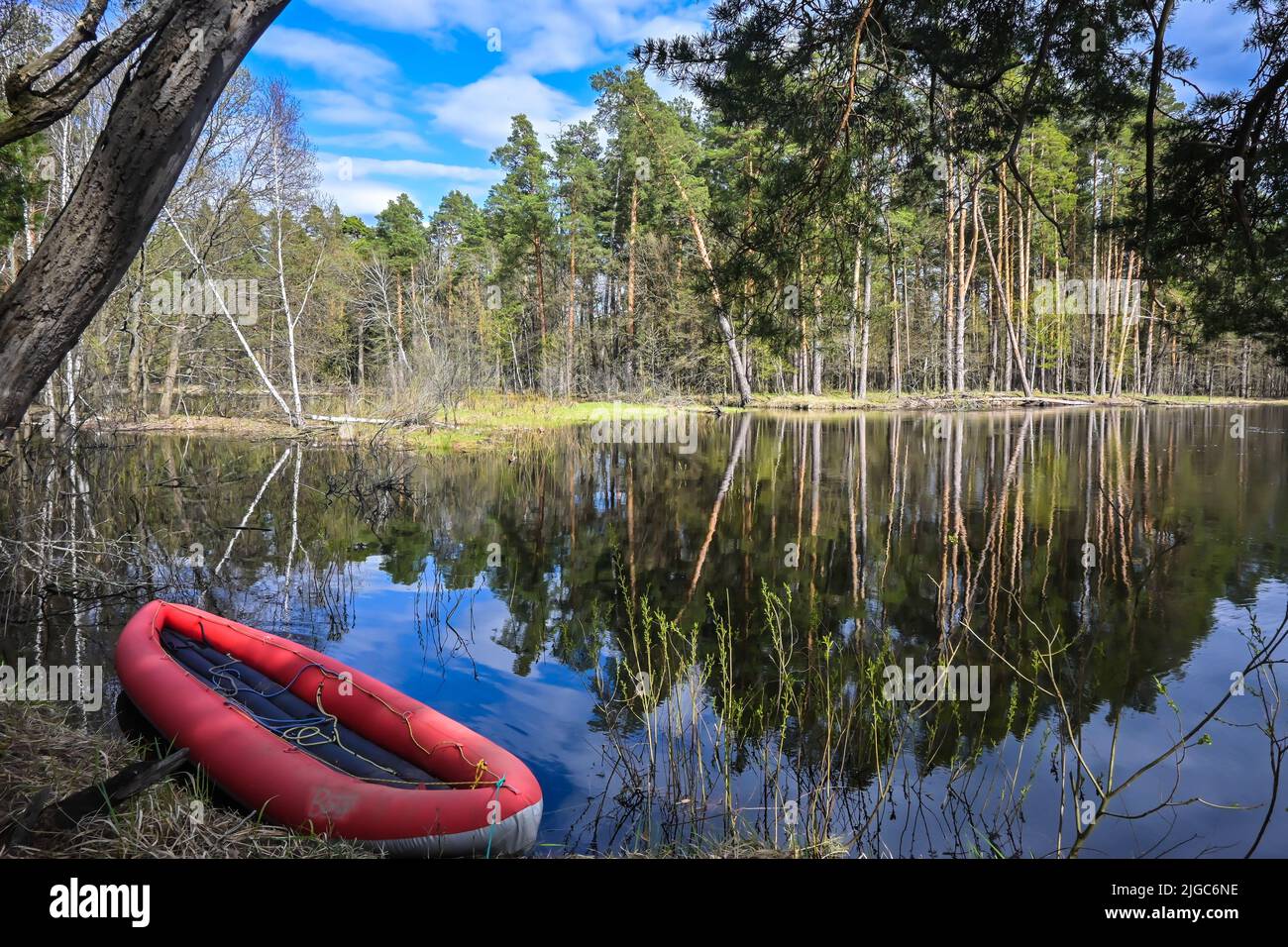 Rotes aufblasbares Kajak in der Nähe des Waldflusses. Frühlingswanderung zum Nationalpark. Stockfoto