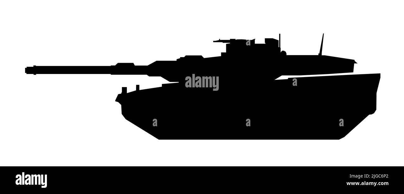 Silhouette des Tanks. Leopard, 2A6, 1998, Deutschland. Schwarz militärische Schlacht Maschine Vektor-Symbol auf weißem Hintergrund, moderne Armee Transport. Stock Vektor