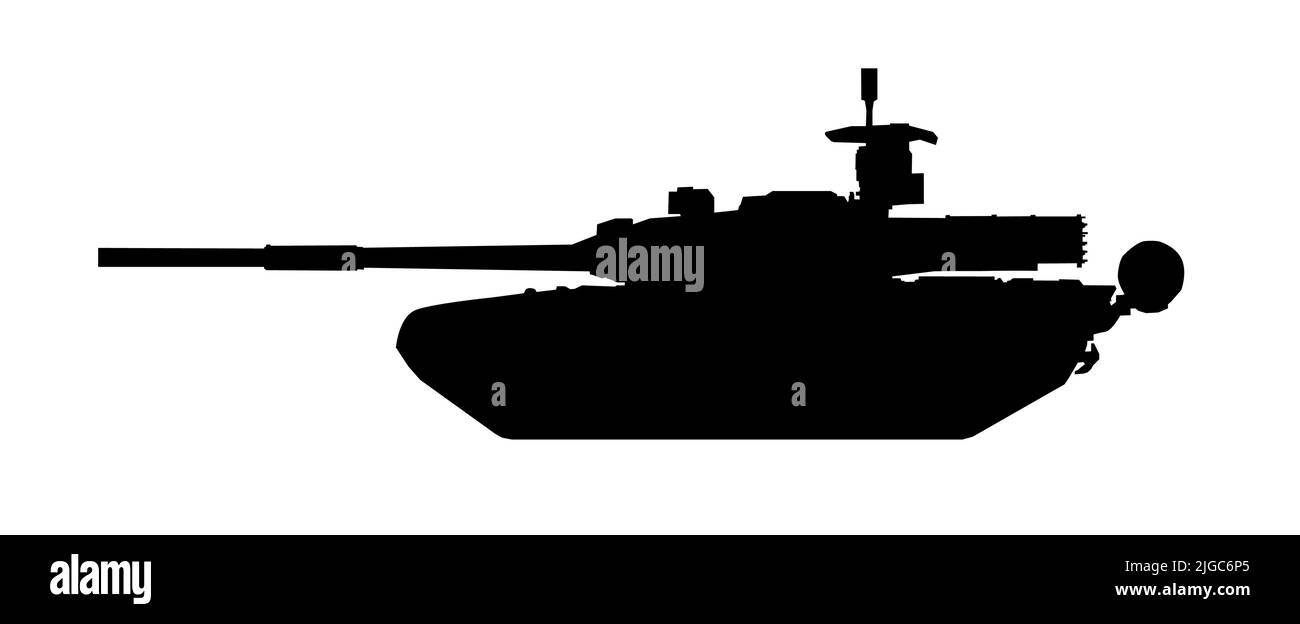 Silhouette des Tanks. TE Karrar MBT Striker Iran. Schwarz militärische Schlacht Maschine Vektor-Symbol auf weißem Hintergrund, moderne Armee Transport. Stock Vektor
