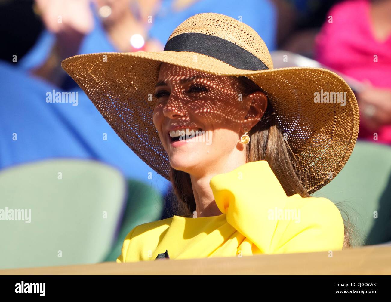 Die Herzogin von Cambridge in der Royal Box am 13. Tag der Wimbledon Championships 2022 beim All England Lawn Tennis and Croquet Club, Wimbledon. Bilddatum: Samstag, 9. Juli 2022. Stockfoto