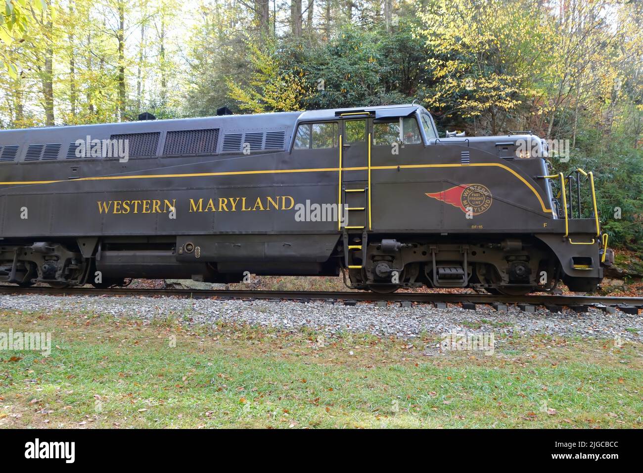 Die alte Diesel-Lokomotive New Tygart Flyer aus Elkins, West Virginia, USA Stockfoto