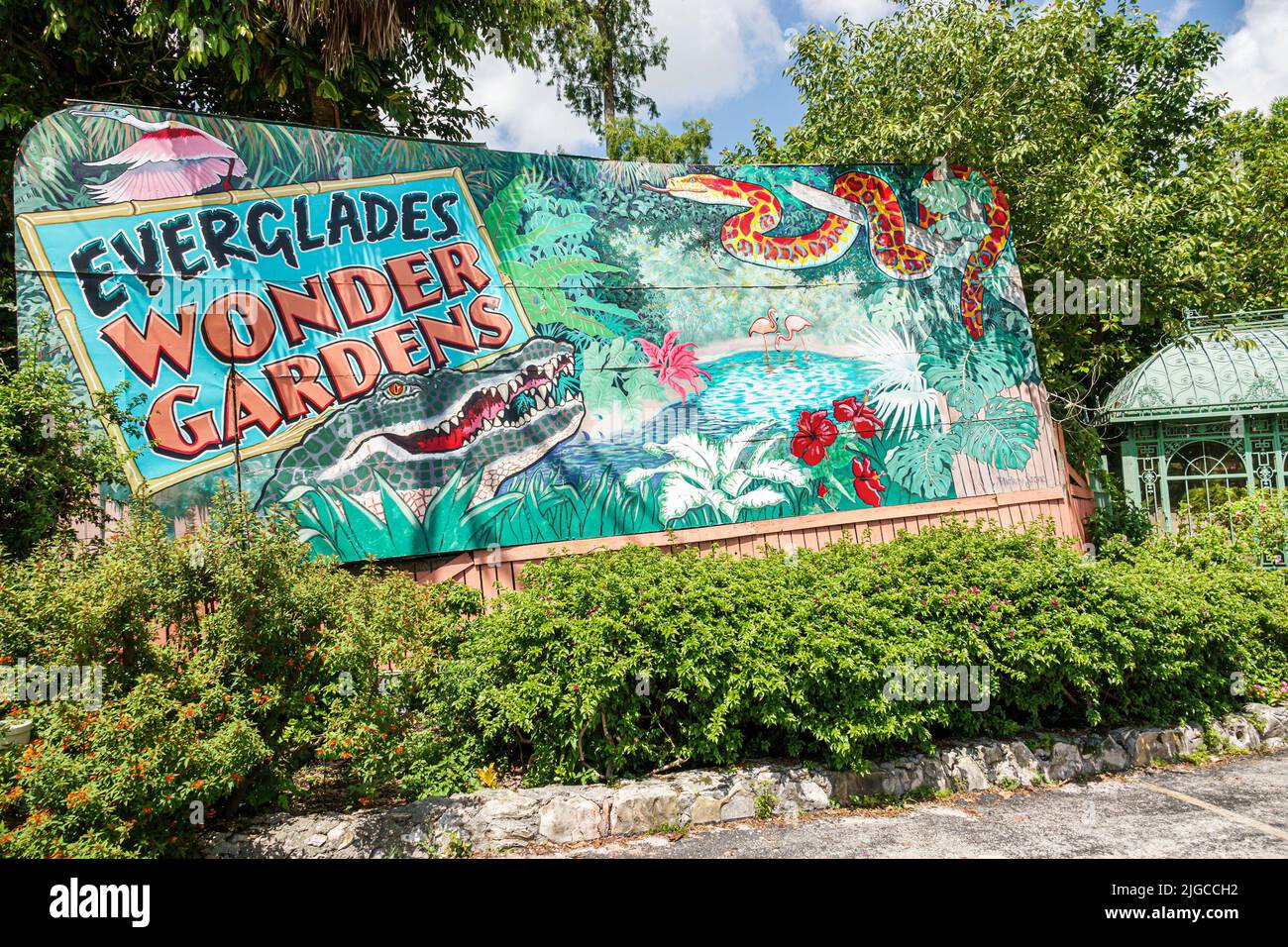 Bonita Springs Florida, Everglades Wonder Gardens, botanischer Garten Refugium verletzte Wildtiere Ausstellungen Touristenattraktion Eingangsschild Stockfoto