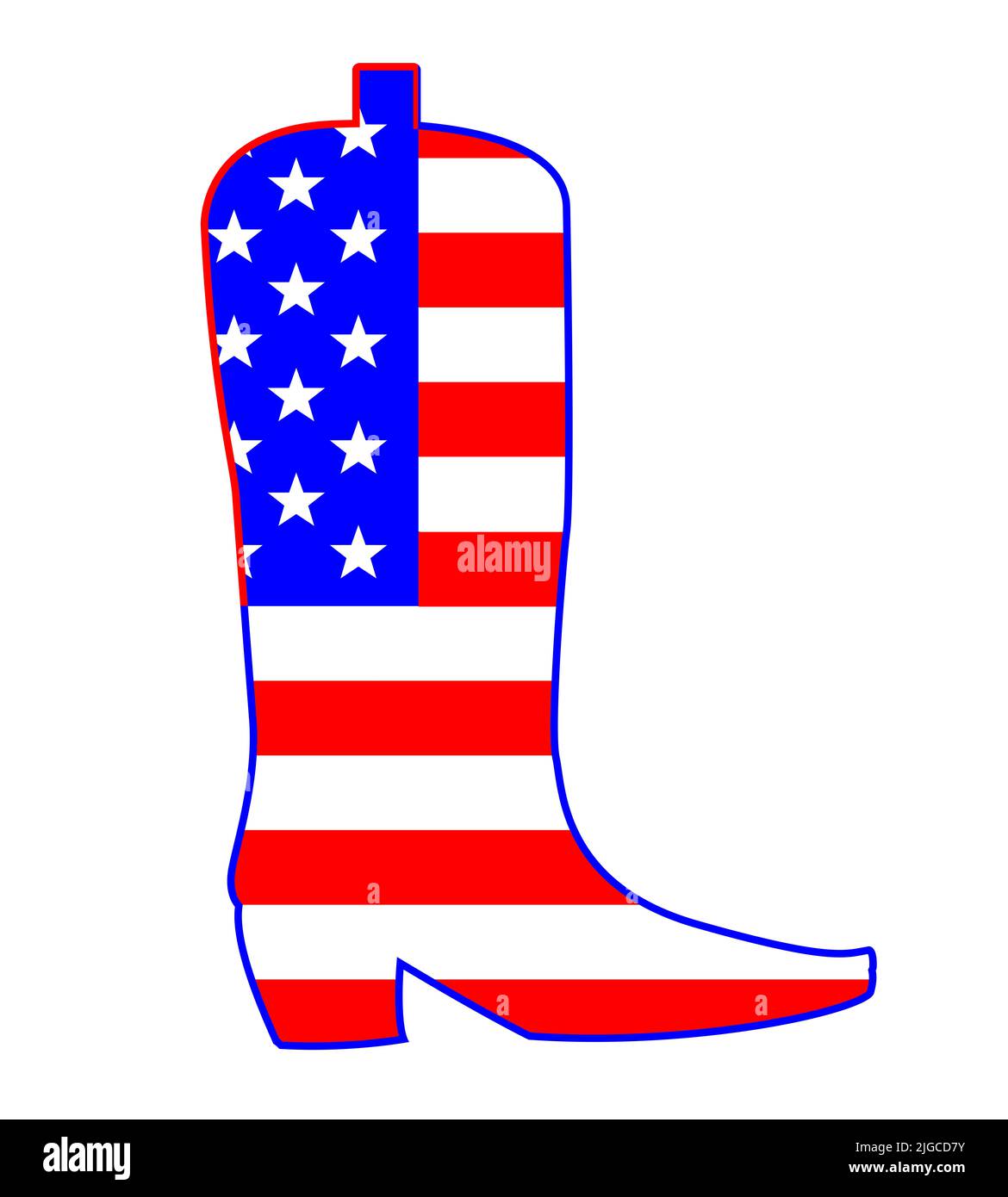 Die US-Nationalflagge der Stars and Stripes wurde in einen typischen Cowboy-Stiefel-Umriss mit einem weißen Hintergrund gesetzt Stockfoto