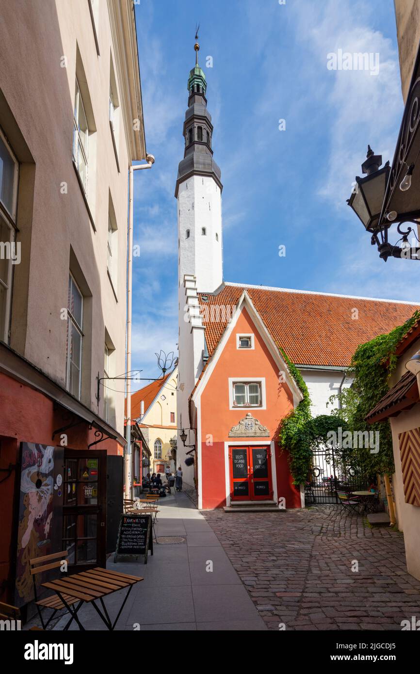 Tallinn, Estland. 2022. Juli. Sehen Sie sich den Glockenturm der Heiligen Geist Kirche zwischen den engen Gassen des Stadtzentrums an Stockfoto