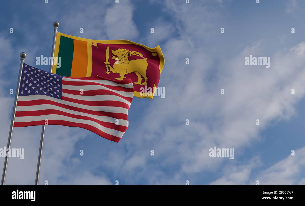 Sri Lanka und USA Flaggen, blauer Himmel und Flagge Sri Lanka und USA, 3D Arbeit und 3D Bild Stockfoto