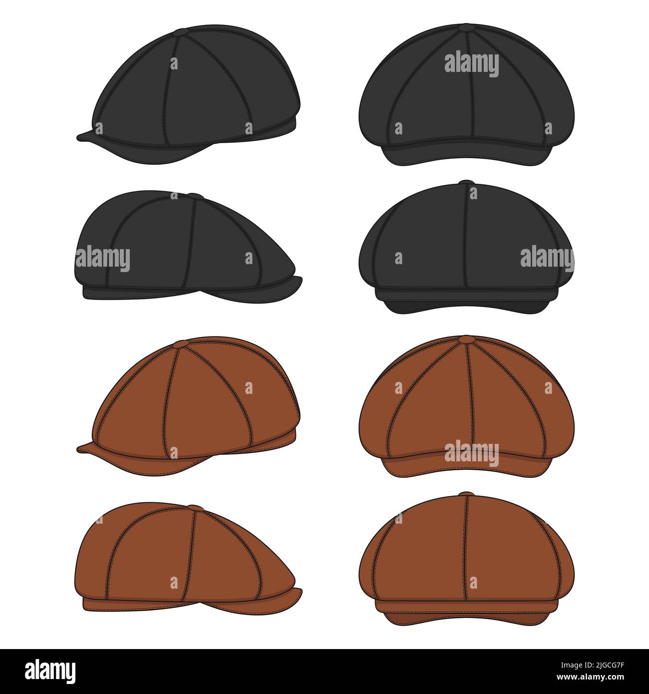 Satz von farbigen Abbildungen mit Spitzenkappe, Futterkappe, Kepi. Isolierte Vektorobjekte auf weißem Hintergrund. Stock Vektor