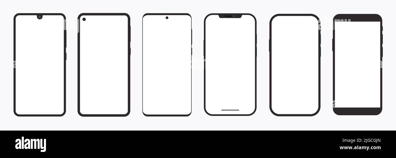 Moderne Smartphone Collection Set Notch Lünette Flach Unbeschriftet Mockup Touchscreen-Display-Technologie Gadget Illustration Vorlage Stock Vektor