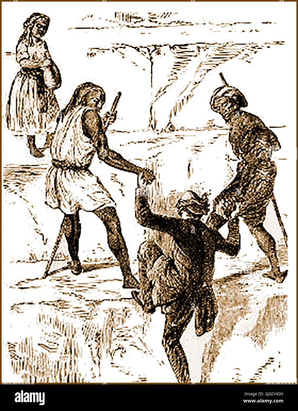 1880s. Ägyptische Führer helfen einem britischen Touristen, eine Pyramide zu erklimmen Stockfoto