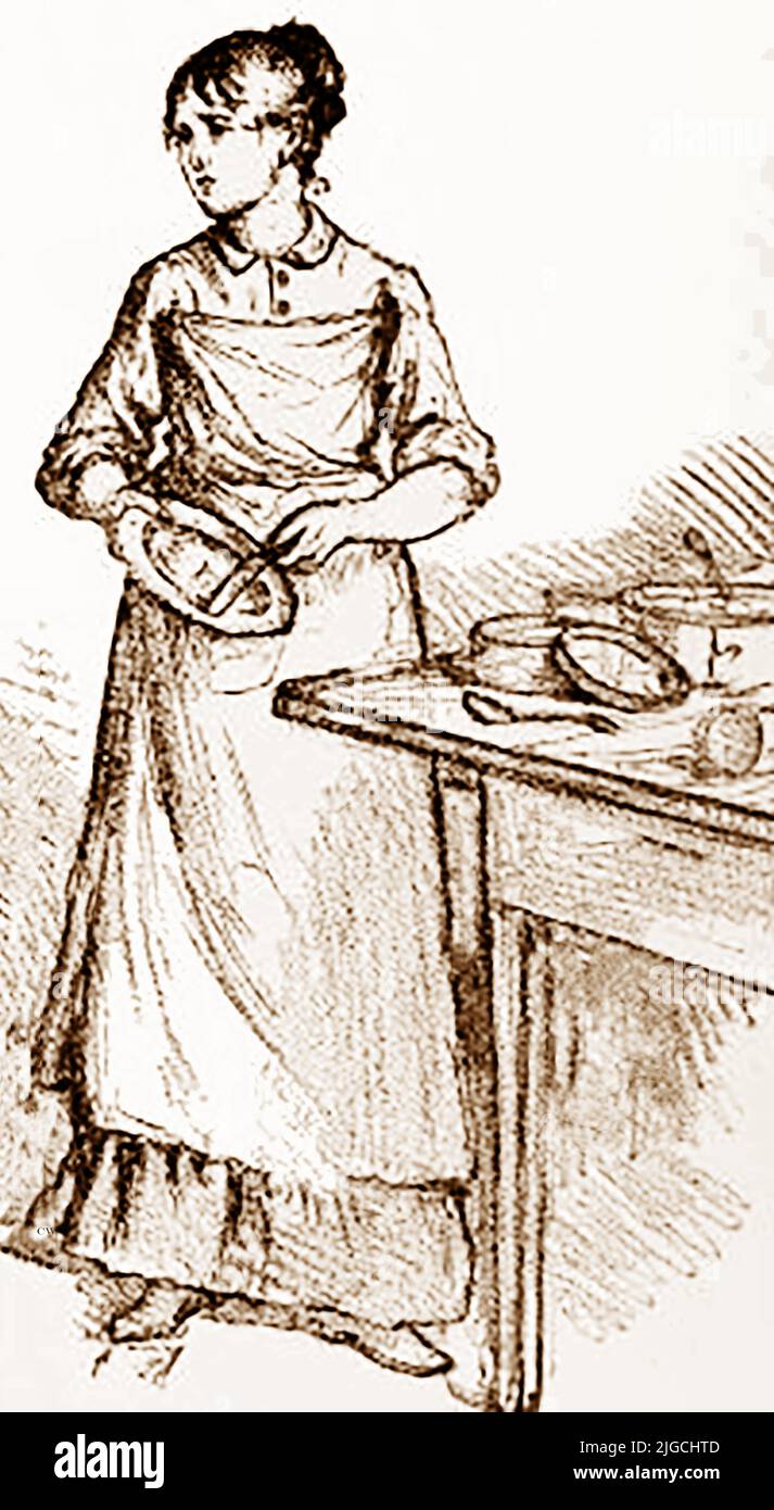Ein viktorianisches Bild eines englischen Küchenmägchens oder Skivvy des Time-Topfwaschens Stockfoto