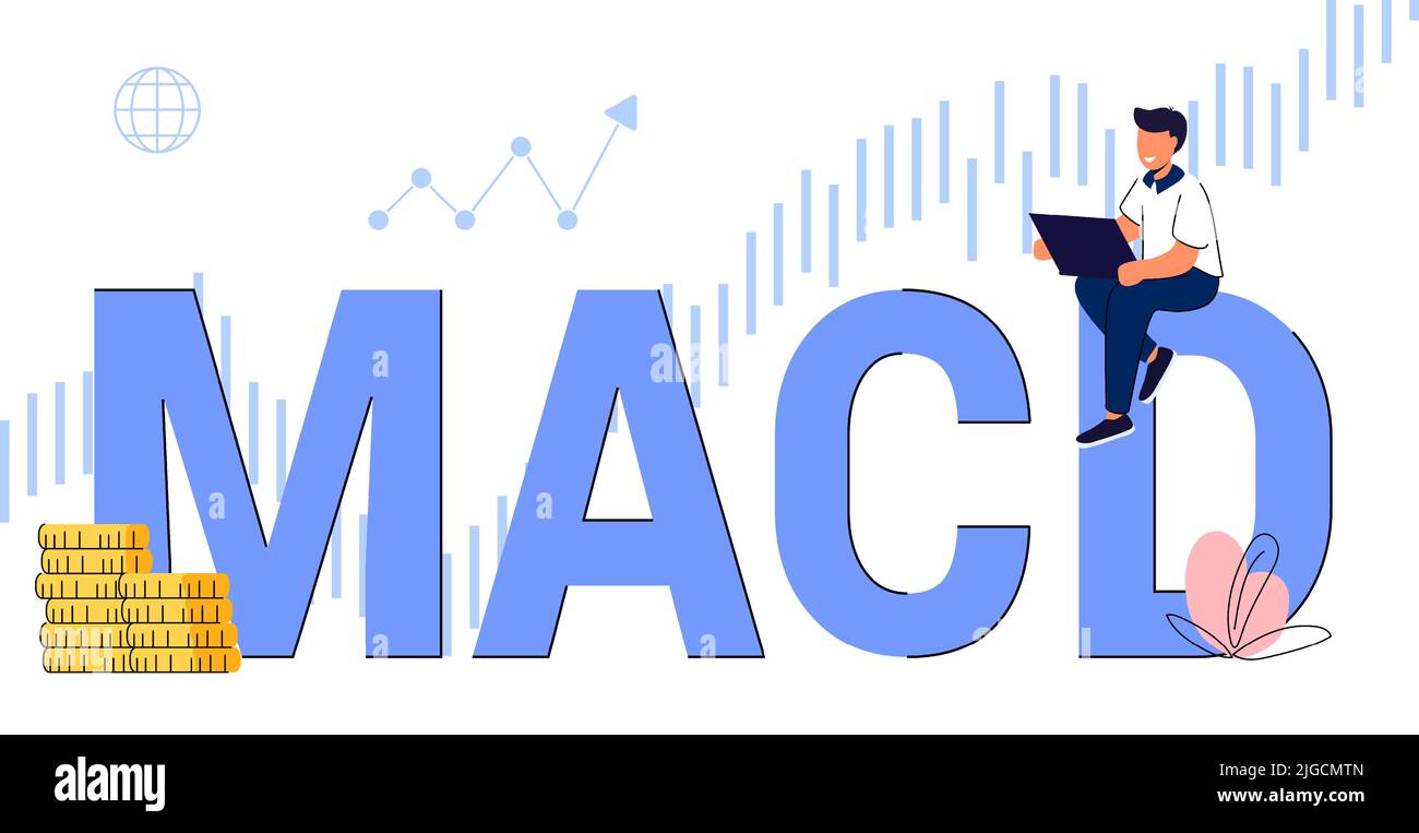 MACD Moving Average Convergence Divergence indicator technische Analyse Aktien- und Kryptowährungsdiagramm, Forex-Analysen und Trading-Markt ch Stock Vektor