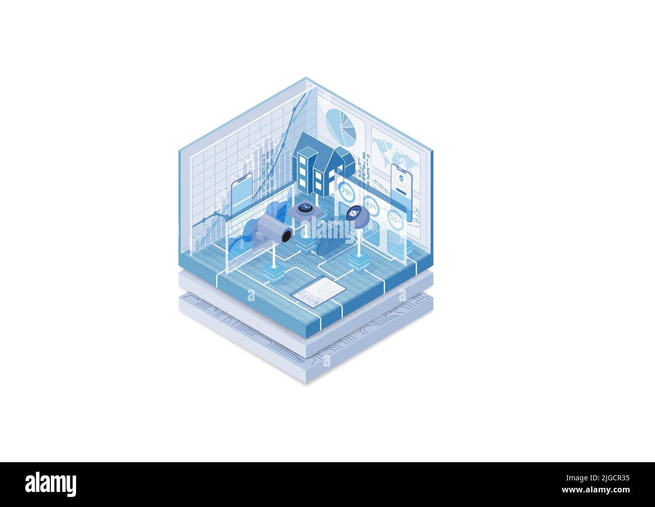 Smart Home Automation Konzept. Vektordarstellung eines isometrischen Würfels. Symbole vernetzter Haushaltsgeräte als Beispiel für die Digitalisierung. Stock Vektor