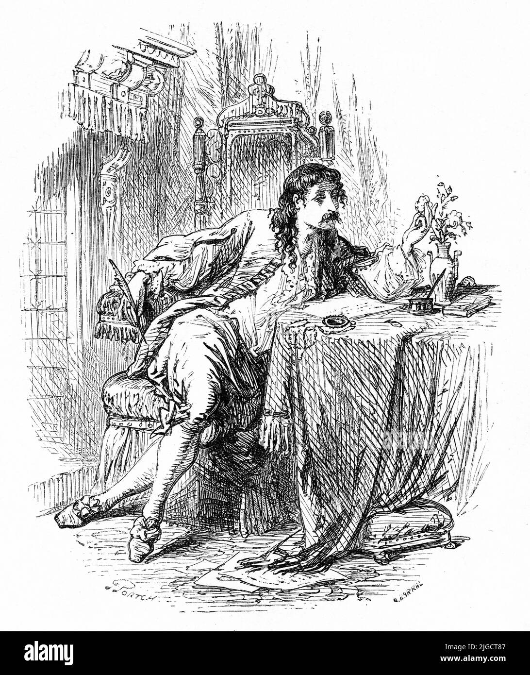 Stich eines englischen Dichters aus dem 16.. Jahrhundert, der über sein Werk arbeitet Stockfoto