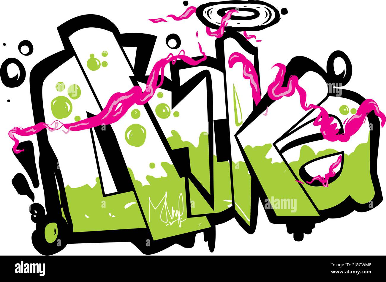 Ein grün und weiß gestalteter Graffiti-Text mit einem rosa Rauch vor dem weißen Hintergrund Stock Vektor