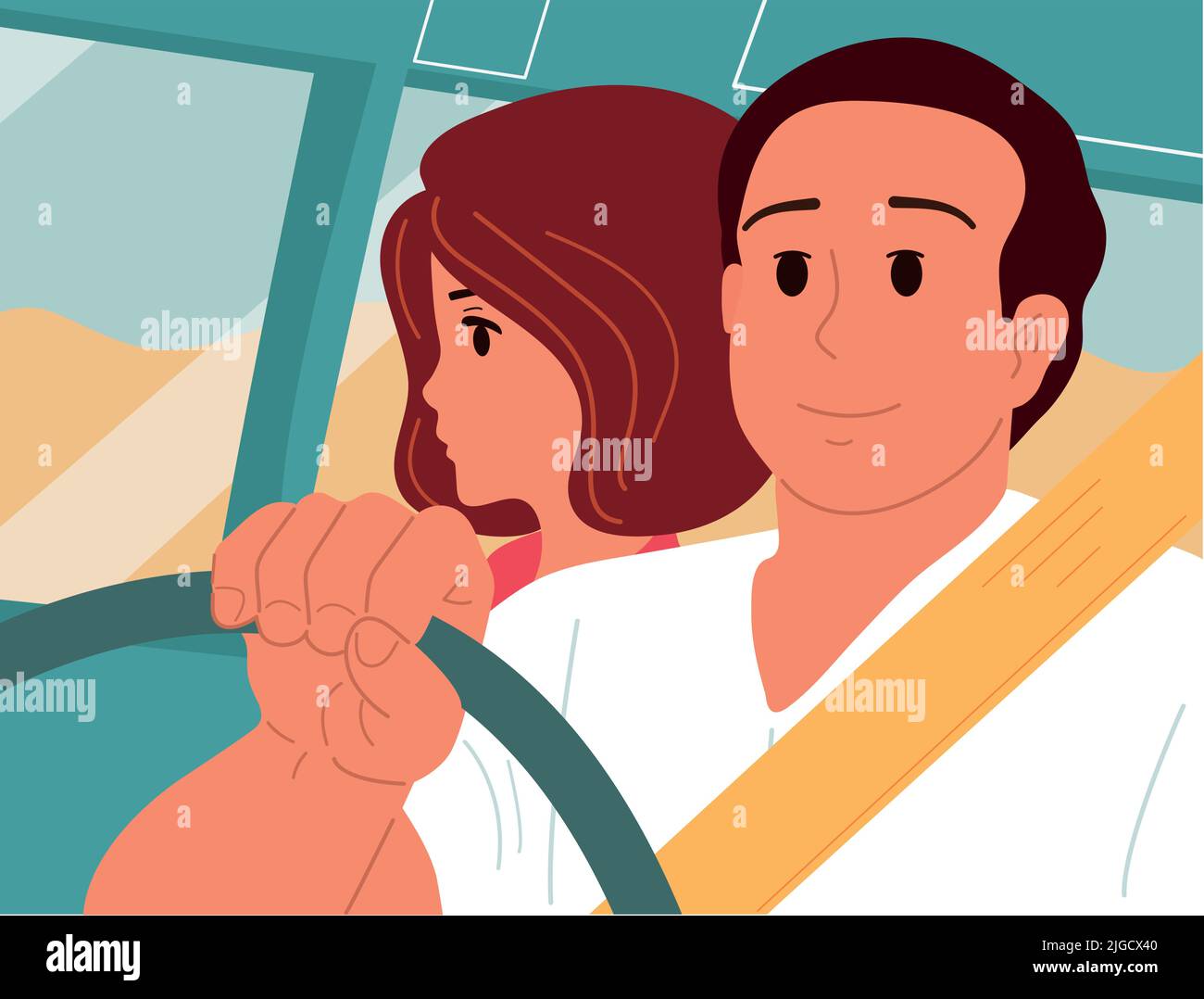 Der Typ und das Mädchen fahren mit dem Auto auf eine Reise. Liebe und Beziehungen Stock Vektor