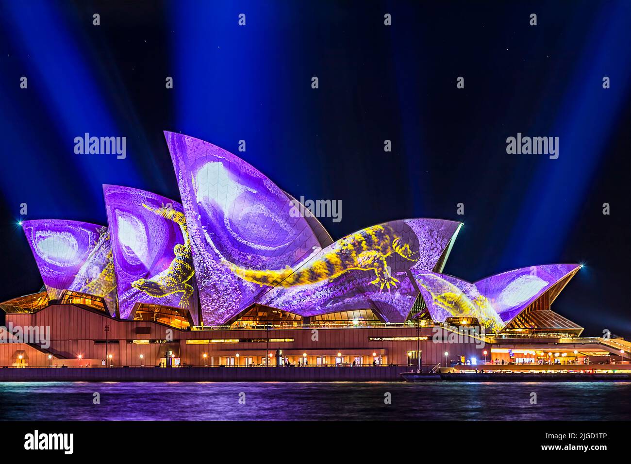 Sydney, Australien - 12. Juni 2022: Seitenansicht von Kuppeln mit hell gemalten Eidechsen auf dem Sydney Opera House beim Vivid Sydney 2022 Light Show Festival in Stockfoto