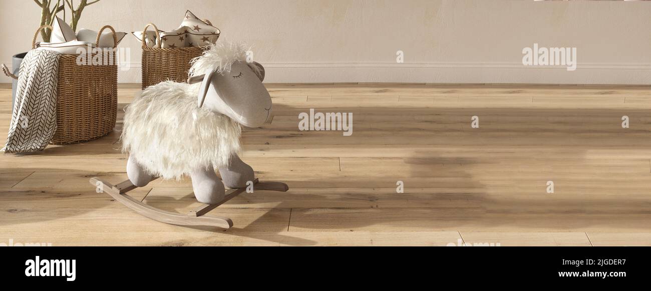 Kinderzimmer Mädchen Interieur skandinavischen Stil Hintergrund. Kinder Bauernhaus Stil 3D Rendering Illustration. Webbanner. Stockfoto