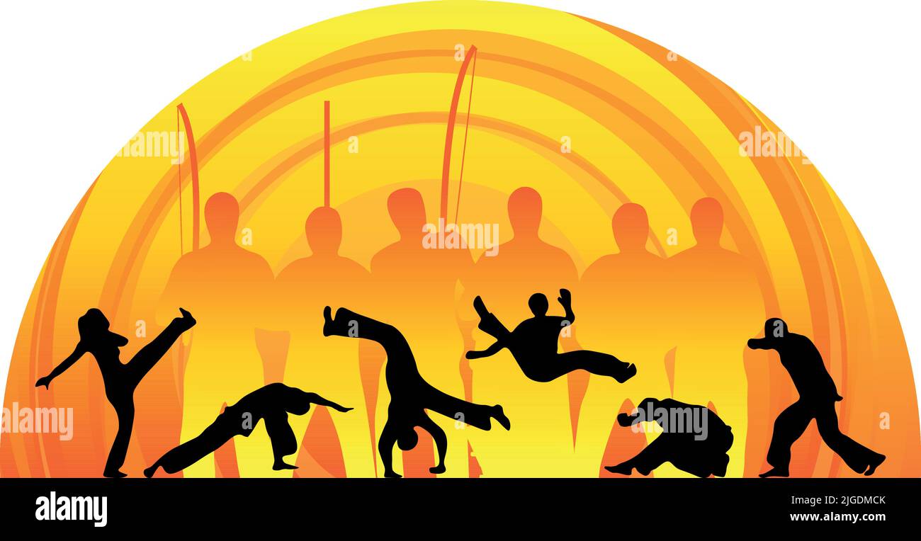 Capoeira bewegt Silhouetten von Menschen, die im Sonnenuntergang Musik spielen. Capoeira Vektor Backgrounf, Fliyer, Banner-Design Stock Vektor