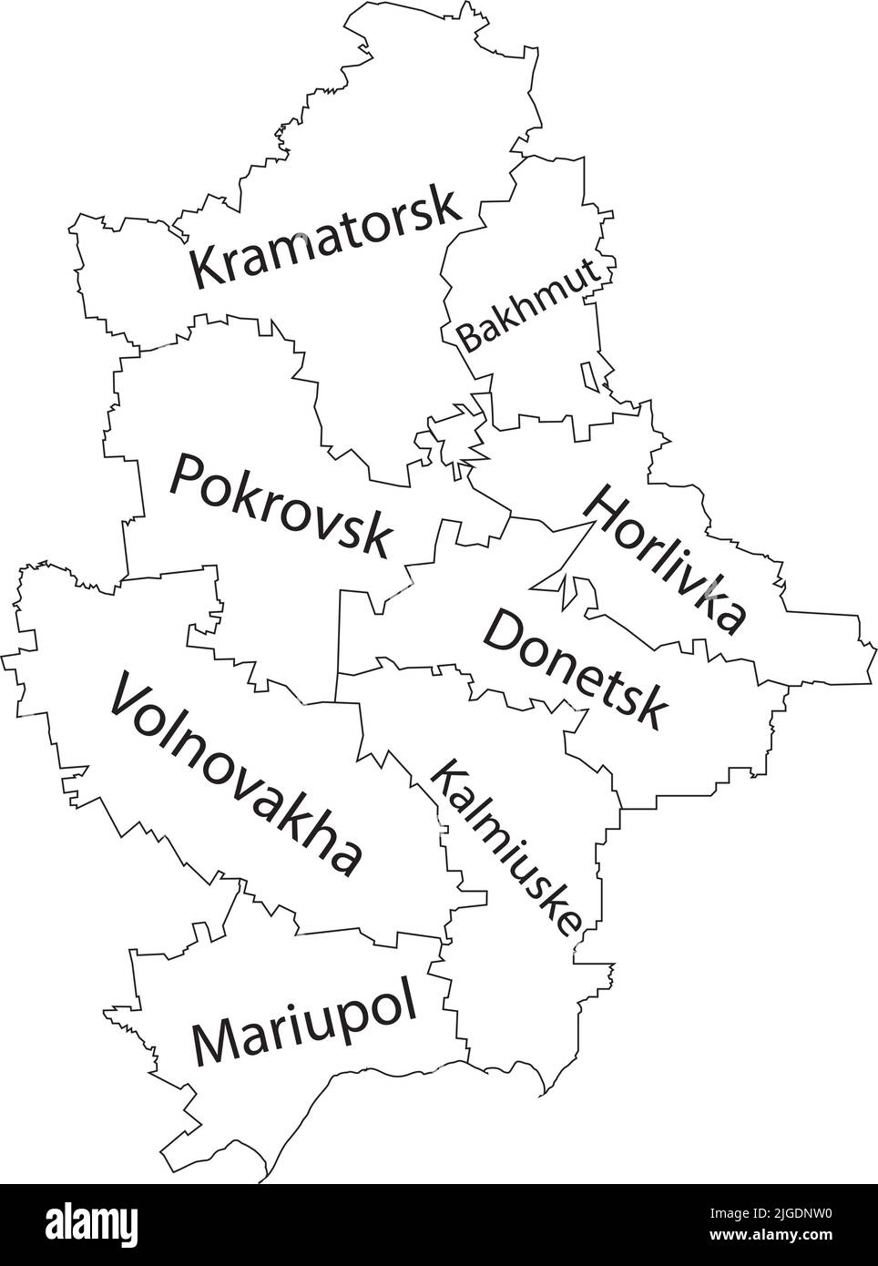 Weiß getaggte Karte von Raionen des DONEZKER GEBIETS, UKRAINE Stock Vektor