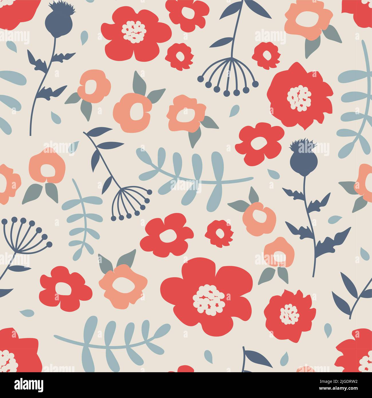 Rote und beige Blüten nahtloses Muster. Blumenwiesenblüten und Äste Vektor-Design. Stock Vektor