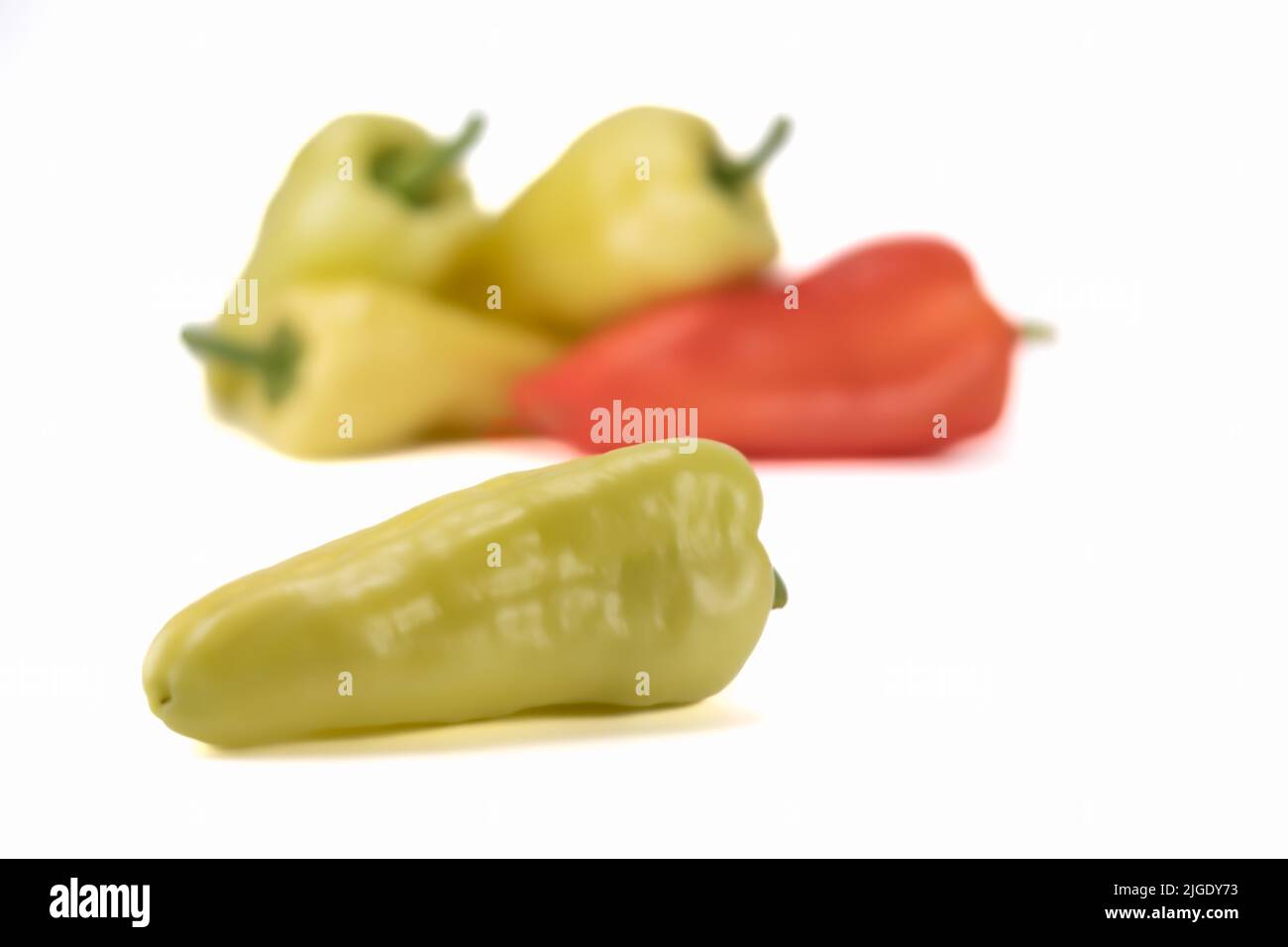 Frische Paprika auf hellem Hintergrund isoliert. Gesunde Gemüsefutter. Selektiver Fokus. Stockfoto