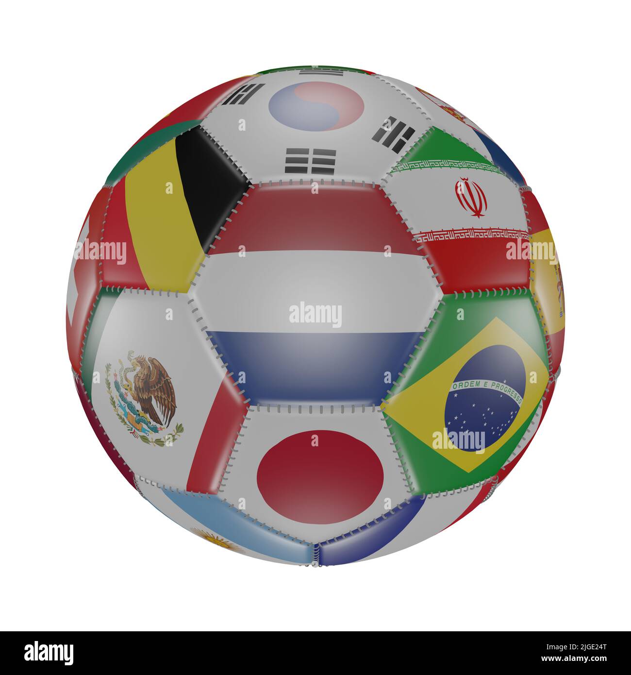 Niederlande Flagge unter anderen Weltflaggen auf 3D Fußball. Isoliert auf Weiß. Katar 2022. Rendern Stockfoto