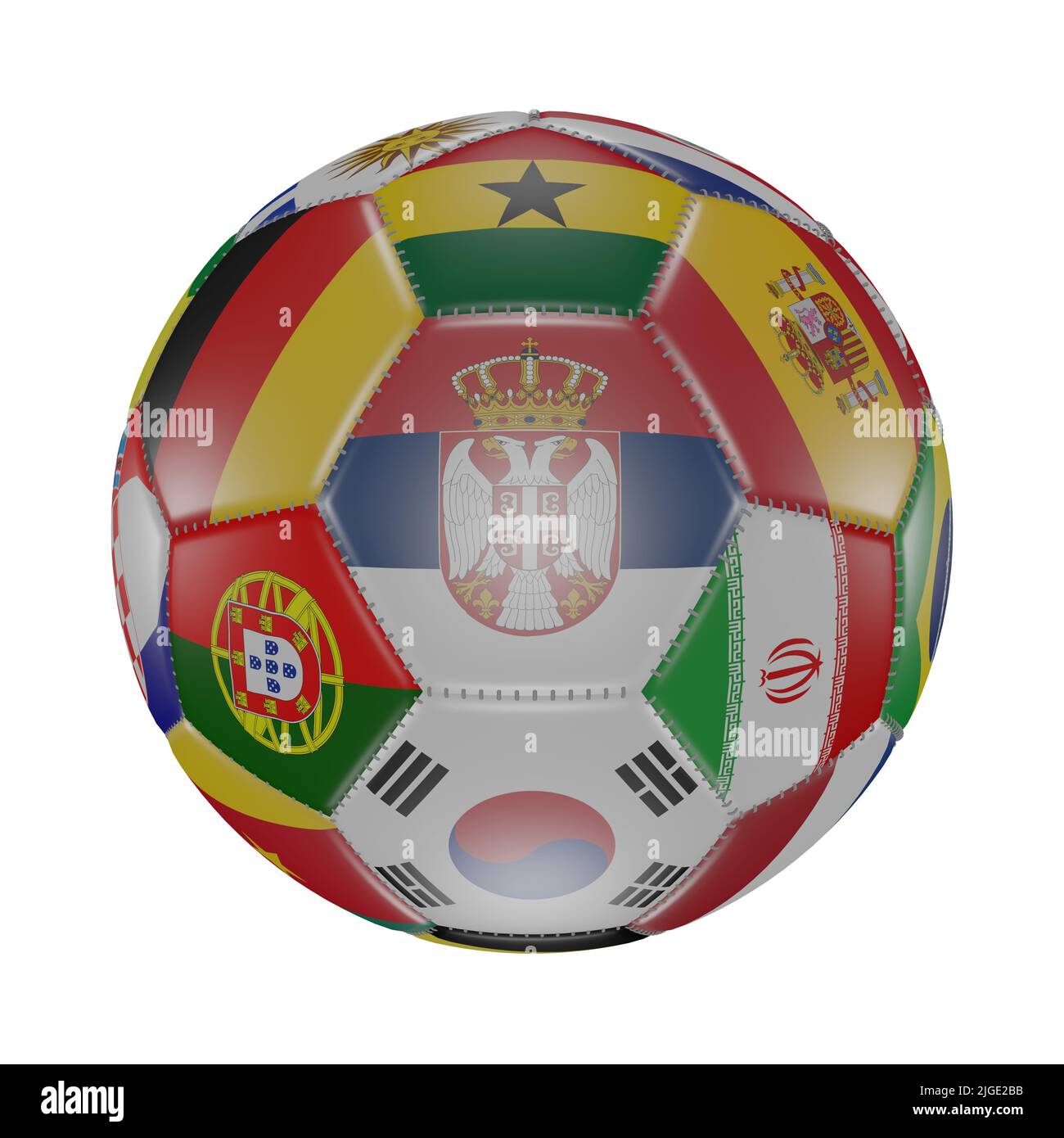 Serbien Flagge neben anderen Weltflaggen auf 3D Fußball. Isoliert auf Weiß. Katar 2022. Rendern Stockfoto