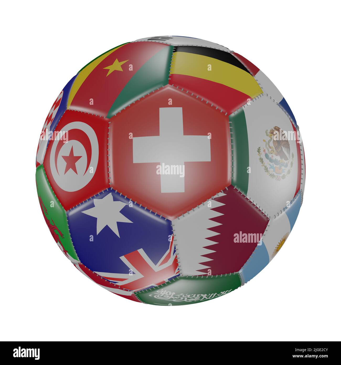Die Schweiz Flagge unter anderem Weltflaggen auf 3D Fußball. Isoliert auf Weiß. Katar 2022. Rendern Stockfoto