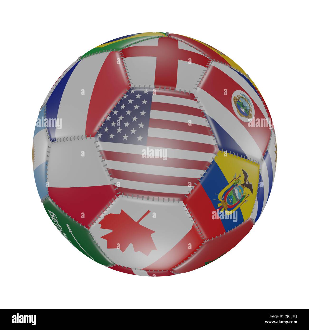 USA Flagge unter anderen Weltflaggen auf 3D Fußball. Isoliert auf Weiß. Katar 2022. Rendern Stockfoto