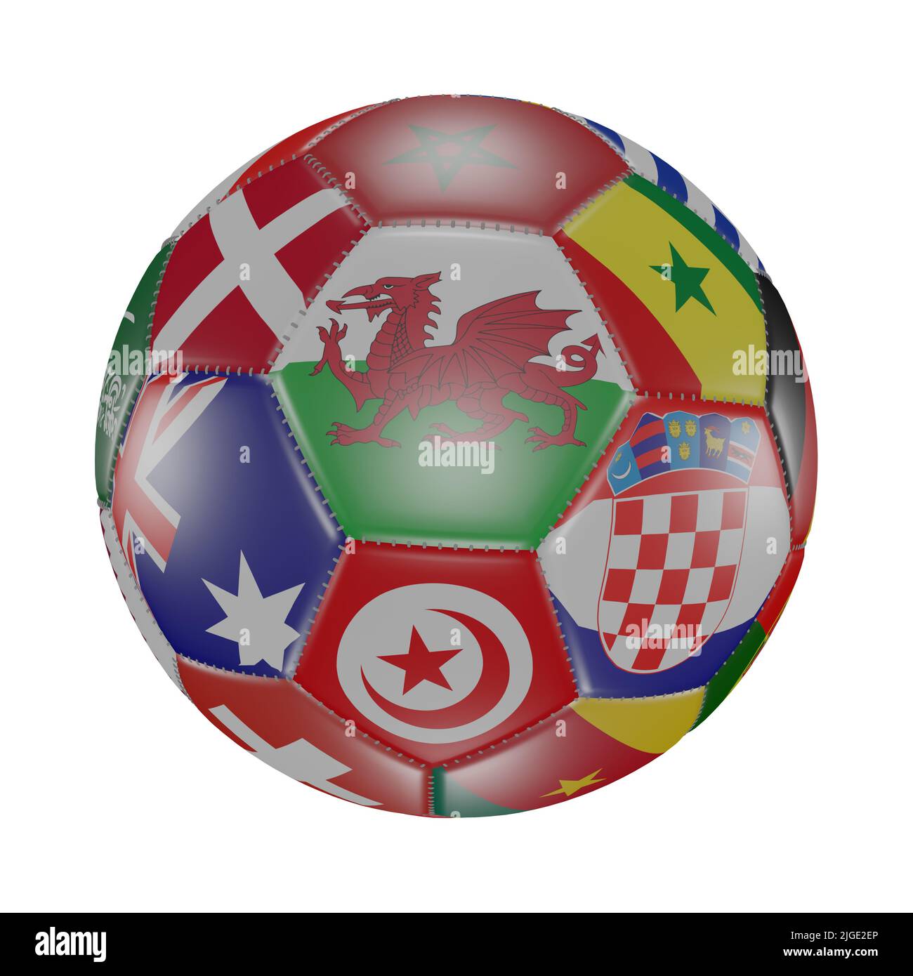 Wales Flagge unter anderen Weltflaggen auf 3D Fußball. Isoliert auf Weiß. Katar 2022. Rendern Stockfoto