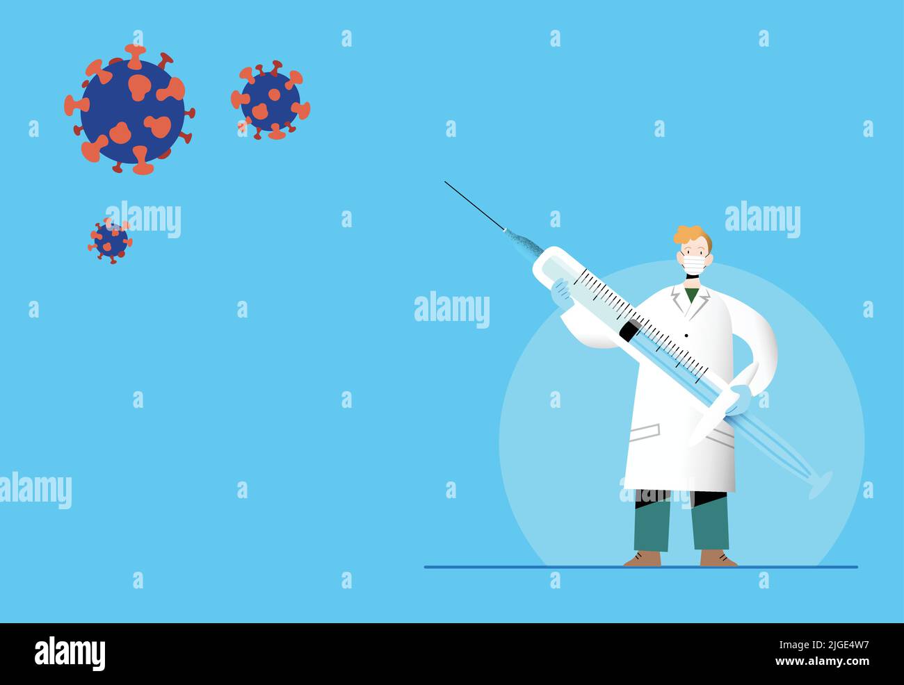 COVID-19 Internationale Kampagne zur Impfung gegen Coronaviren. Impfstoffbehandlung gegen Covid. Flacher Vektor des Arztes, der eine Spritze hält, mit Gesichtsmaske. Stock Vektor