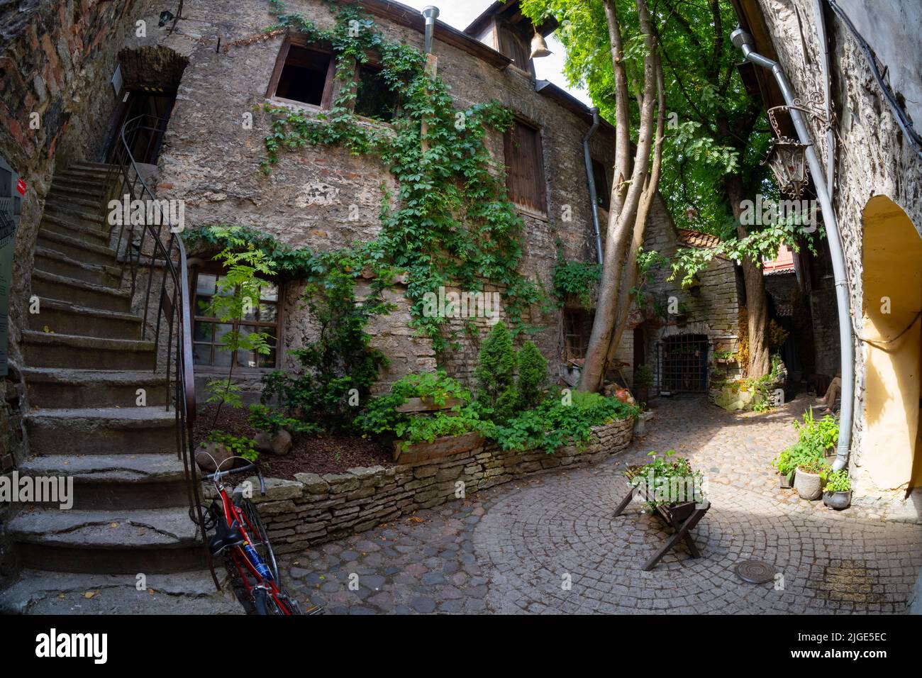 Tallinn, Estland. Juli 2022. Blick aus der Fischperspektive auf einen kleinen Innenhof zwischen mittelalterlichen Gebäuden im Stadtzentrum Stockfoto