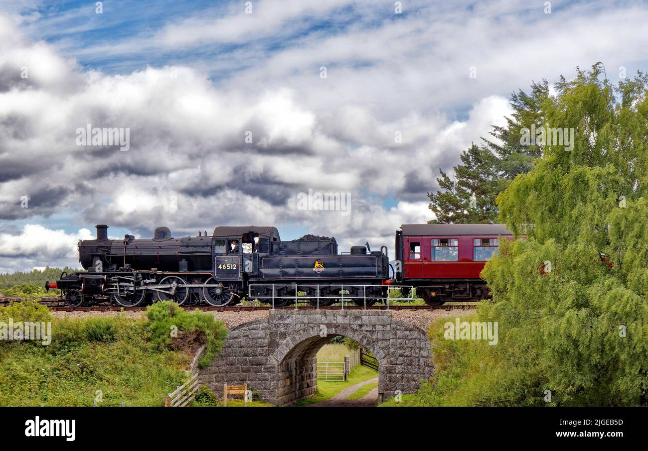 STRATHSPEY DAMPFEISENBAHNBOOT VON GARTEN SCHOTTLAND DER DAMPFZUG AUF DEM WEG ZUR BROOMHILL STATION IM SOMMER Stockfoto