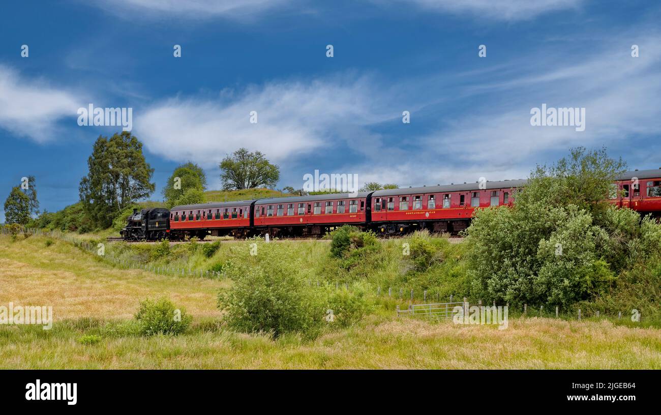 STRATHSPEY DAMPFEISENBAHNBOOT VON GARTEN SCHOTTLAND DER ZUG EN ROUTE NACH BROOMHILL IM SOMMER Stockfoto