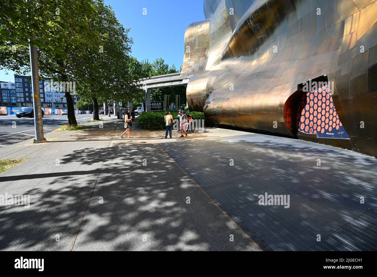 Der Eingang zum Museum für Popkultur in Seattle. Stockfoto