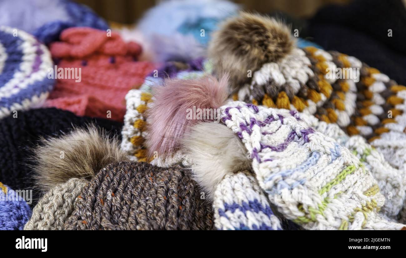 Detail der handgefertigten Baumwolle Winterkleidung, Kälte und Schutz Stockfoto