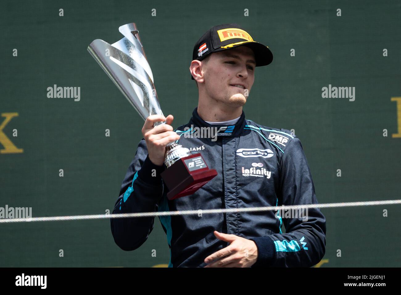 Podium, SARGEANT Logan (usa), Carlin, Dallara F2, Portrait während des 8.. Rennens der FIA Formel 2 Meisterschaft 2022, auf dem Red Bull Ring, vom 8. Bis 10. Juli 2022 in Spielberg, Österreich - Foto: Sebastian Rozendaal/DPPI/LiveMedia Stockfoto