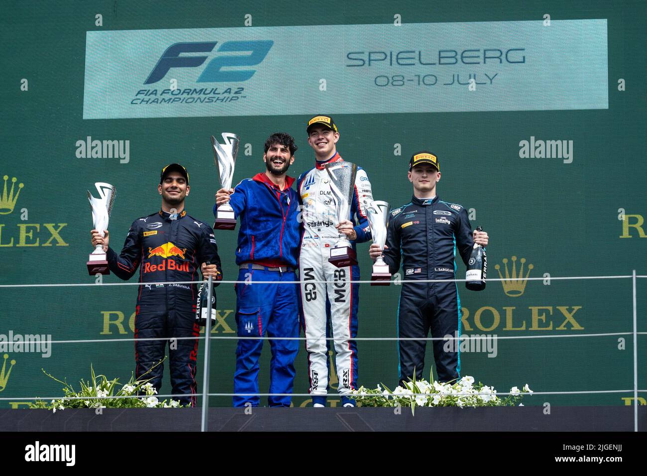 Podium, DARUVALA Jehan (ind), Prema Racing, Dallara F2, VERSCHOOR Richard (nld), Trident, Dallara F2, SARGEANT Logan (usa), Carlin, Dallara F2, Portrait während der FIA Formel 2 2022 Meisterschaft 8. vom 8. Bis 10. Juli 2022 auf dem Red Bull Ring in Spielberg, Österreich - Foto: Sebastian Rozendaal/DPPI/LiveMedia Stockfoto