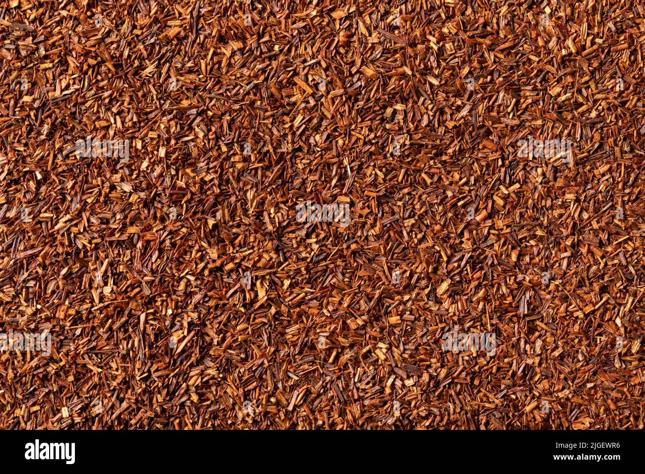 Getrocknete Rooibos, Buschtee, roter Tee, Rotbuschteeblätter aus Südafrika schließen das ganze Bild als Hintergrund aus Stockfoto
