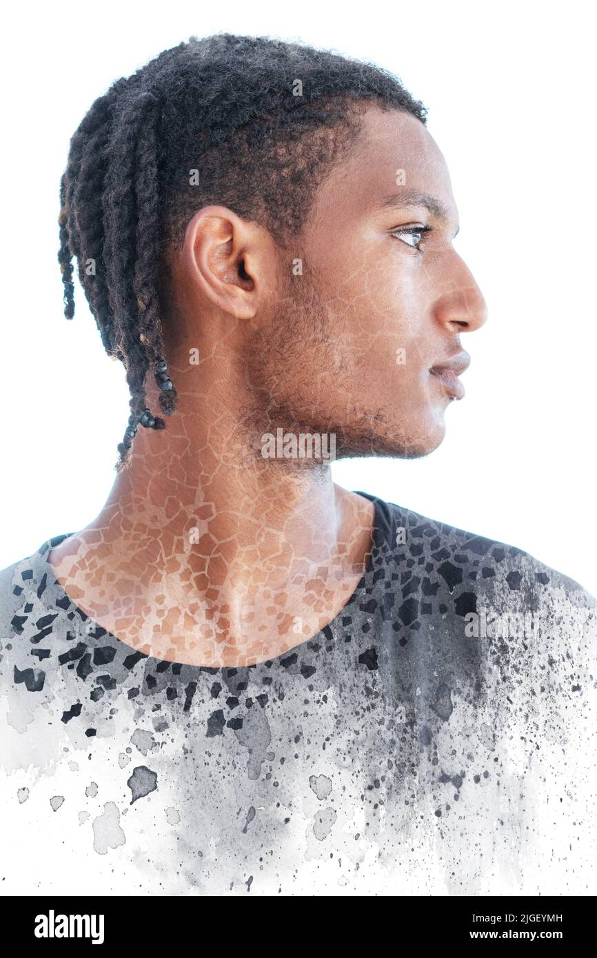 Paintographie Porträt eines Mannes gemischt mit Farbspritzern Stockfoto