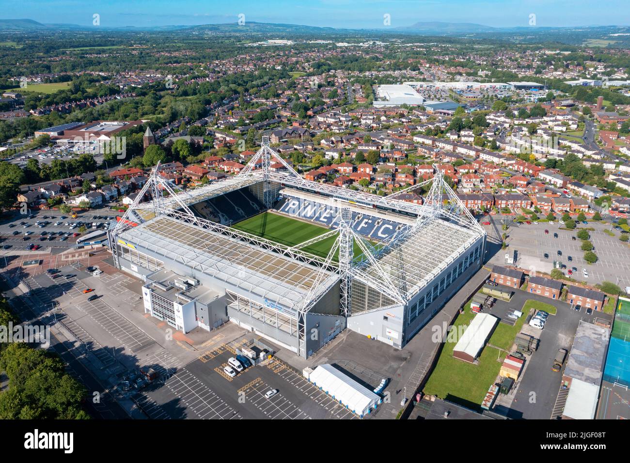 Preston North End Football Club, Deepdale Stadium. Luftbild. 20.. Juni 2022. Stockfoto