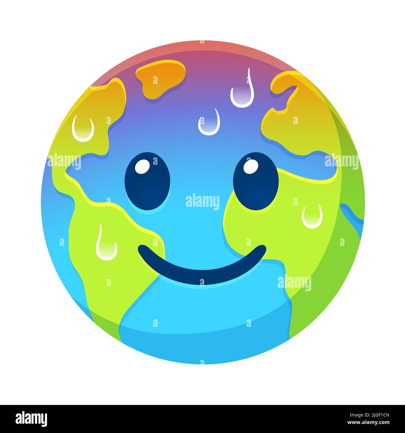 Cartoon Earth mit lächelndem Gesicht, rot heiß und schwitzend. Vektor-Clip-Art-Illustration zur globalen Erwärmung und Klimakrise. Stock Vektor