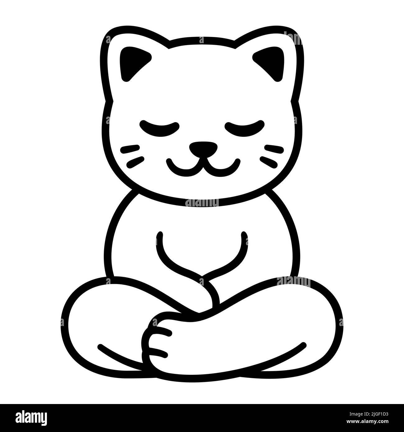 Katze sitzt in Meditation, Zeichentrickfilm. Niedliche lustige schwarz-weiße Kritzelkritze, die in Lotusposition meditiert. Vektorgrafik Clip Art Illustration. Stock Vektor