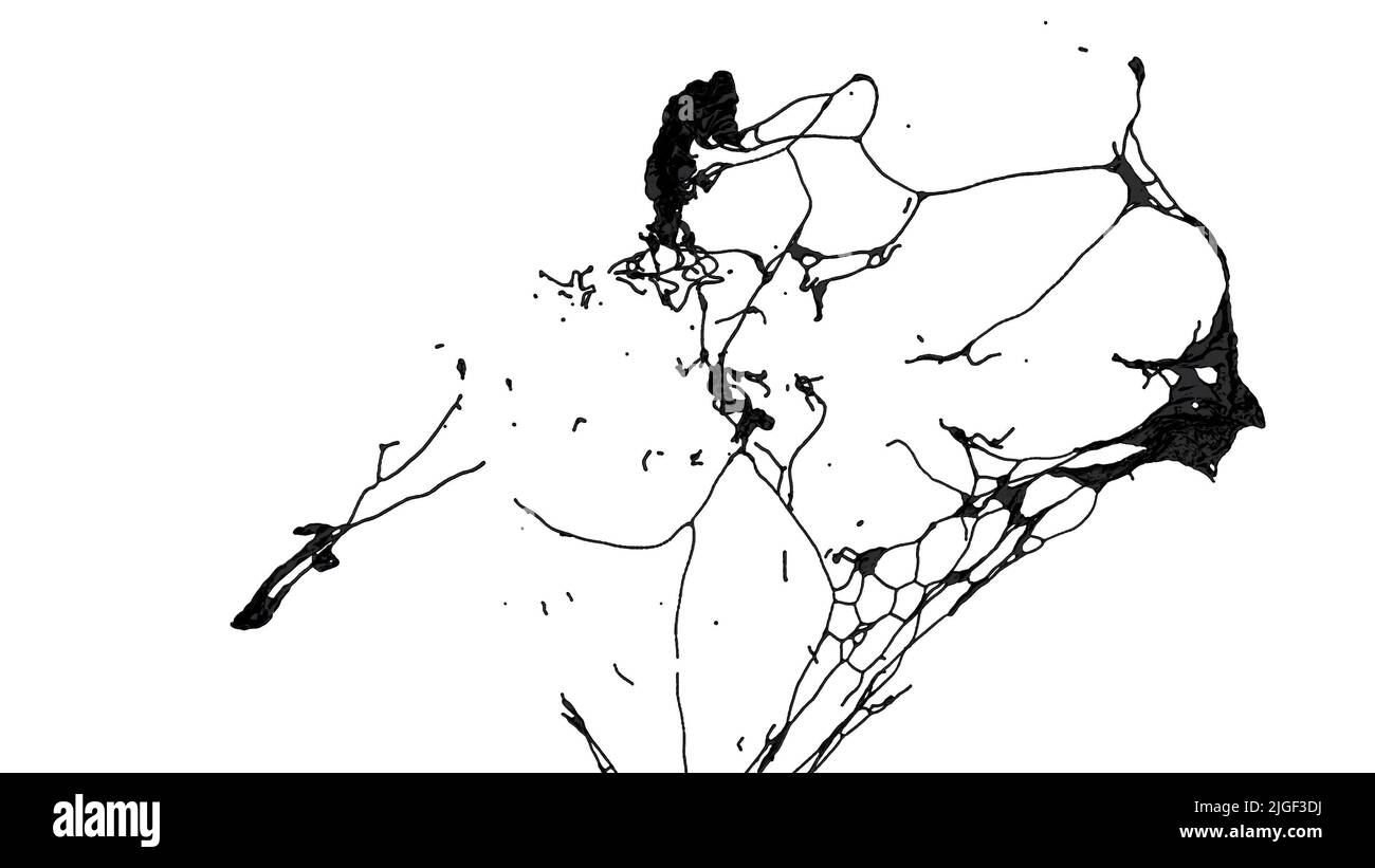 Tropfen Schwarzöl kollidiert in Schwerelosigkeit auf weißem Hintergrund Super Slow Motion 1000 FPS 3D Render Stockfoto