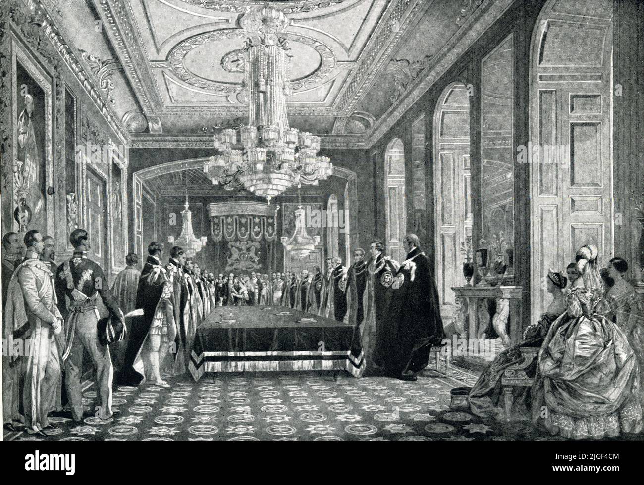 Windsor Castle Interior, Thronsaal - Trauerzeremonie auf dem Orden des Gewänders 19. Jahrhundert Illustration - England Stockfoto